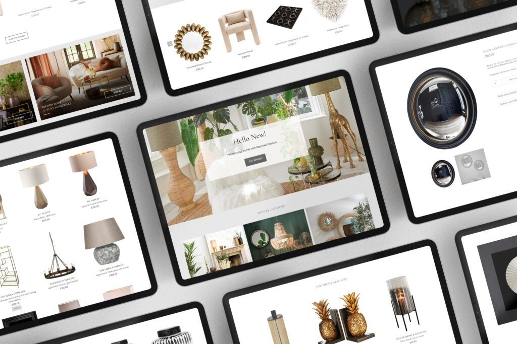 Tablet mockups displaying the Raphael Interiors website homepage, styled with lighting and homeware