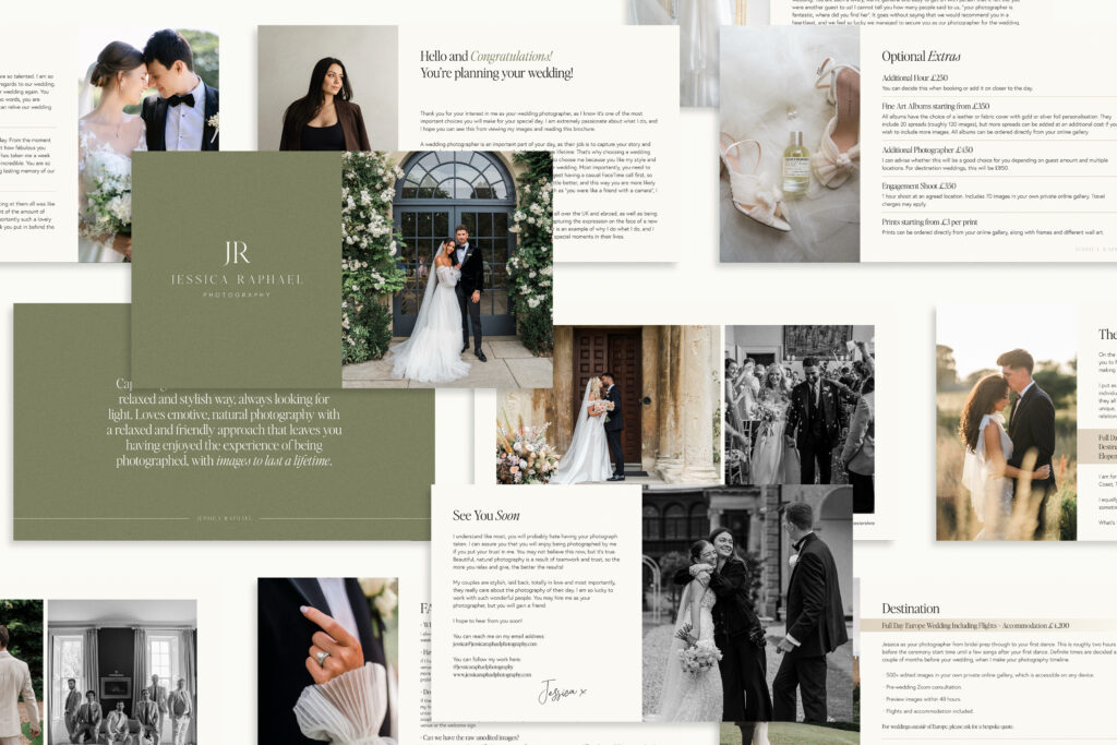 Mockup of the Jessica Raphael Photography wedding brochure spread, with a sage green cover and black and white wedding photography